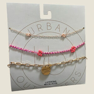 NWT Urban Outfitters Pink Floral Mimi Beaded Gold Layering Necklace Set